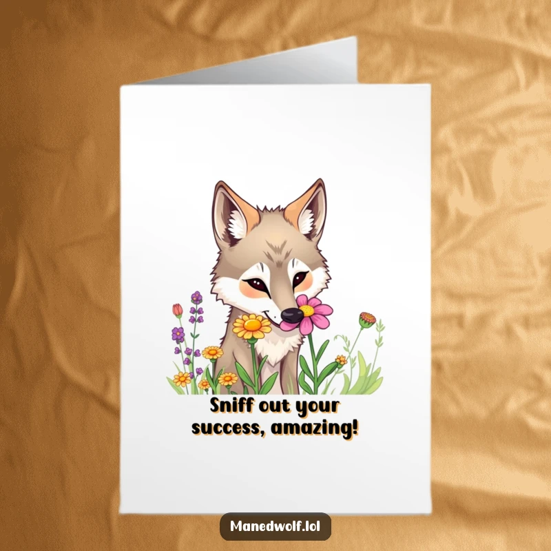 Funny Free Printable Congratulations Card: Curious maned wolf keenly sniffing a vibrant wildflower, celebrating a new find.