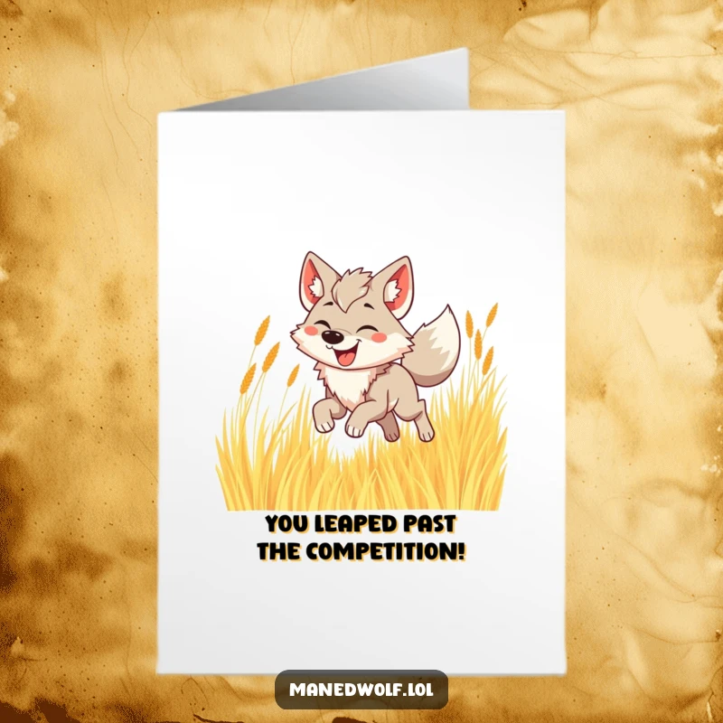 Funny Free Printable Congratulations Card: Joyful maned wolf bounding through golden grass with a wide smile, celebrating success.