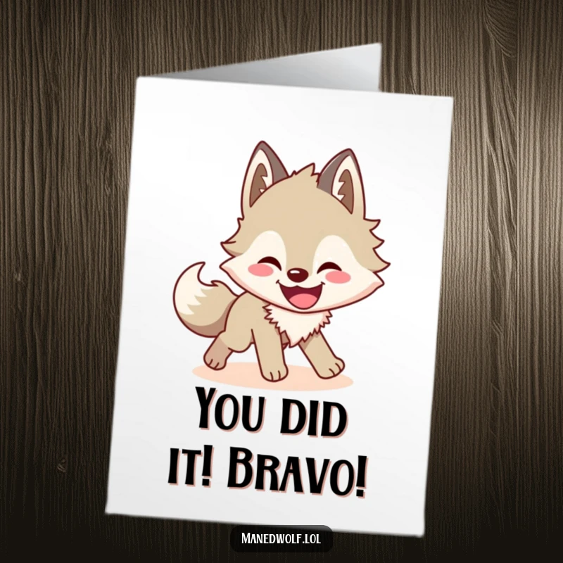 Free Printable congratulations card with a comical maned wolf chasing its shadow, conveying joy and downloadable celebration.