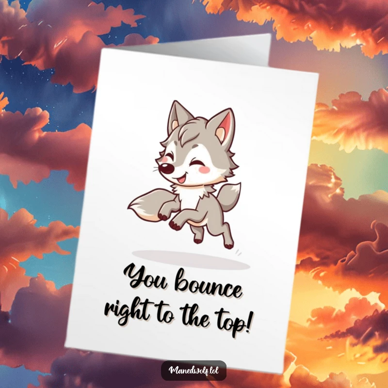 Funny Free Printable Kawaii Maned Wolf Congratulations Card: A wolf does a happy, bouncy trot, celebrating their wonderful success.