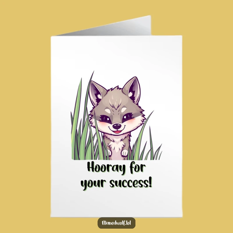 Free Printable Maned Wolf Congrats Card: Peeking Over Grass Celebration Downloadable