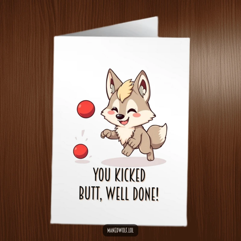 Free Printable Congratulations Card: A smiling maned wolf in energetic pursuit of a bouncing ball embodies playful celebration.