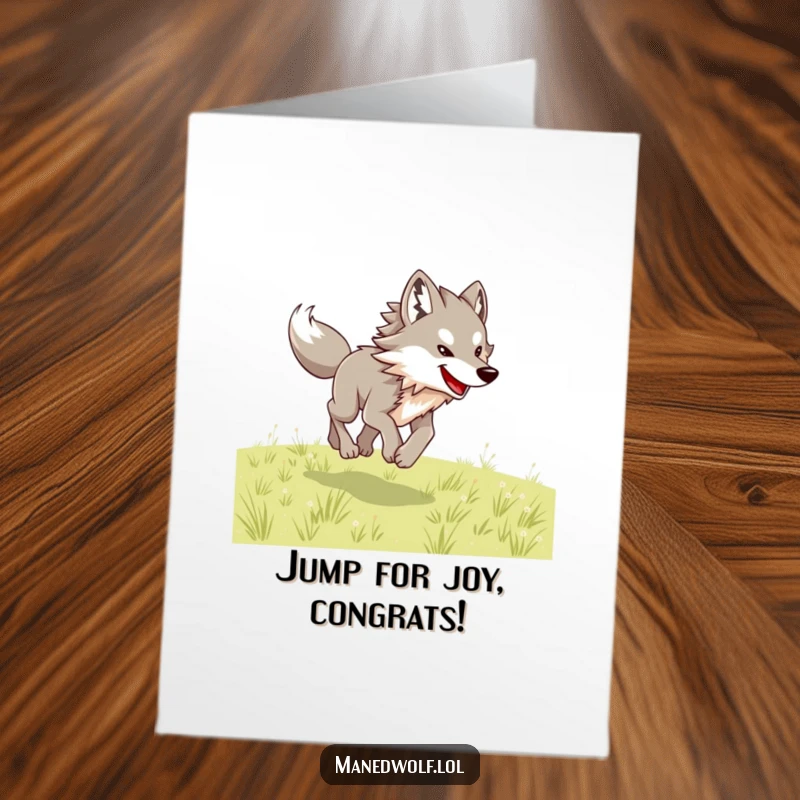 Free Printable Congrats Card: A maned wolf leaping joyfully through an open field, embodying pure motion and happiness.