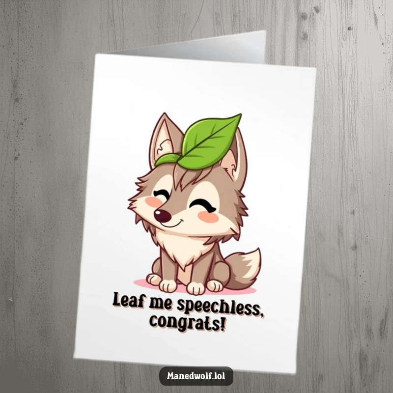 Funny Free Printable congratulations card featuring a maned wolf giggling with a leaf on its head, a downloadable chuckle.
