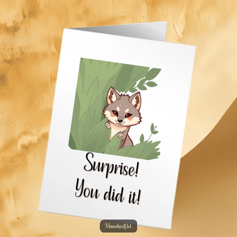 Funny Free Printable Congratulations Card features a maned wolf subtly peeking from behind a bush, anticipating a grand reveal of good news.