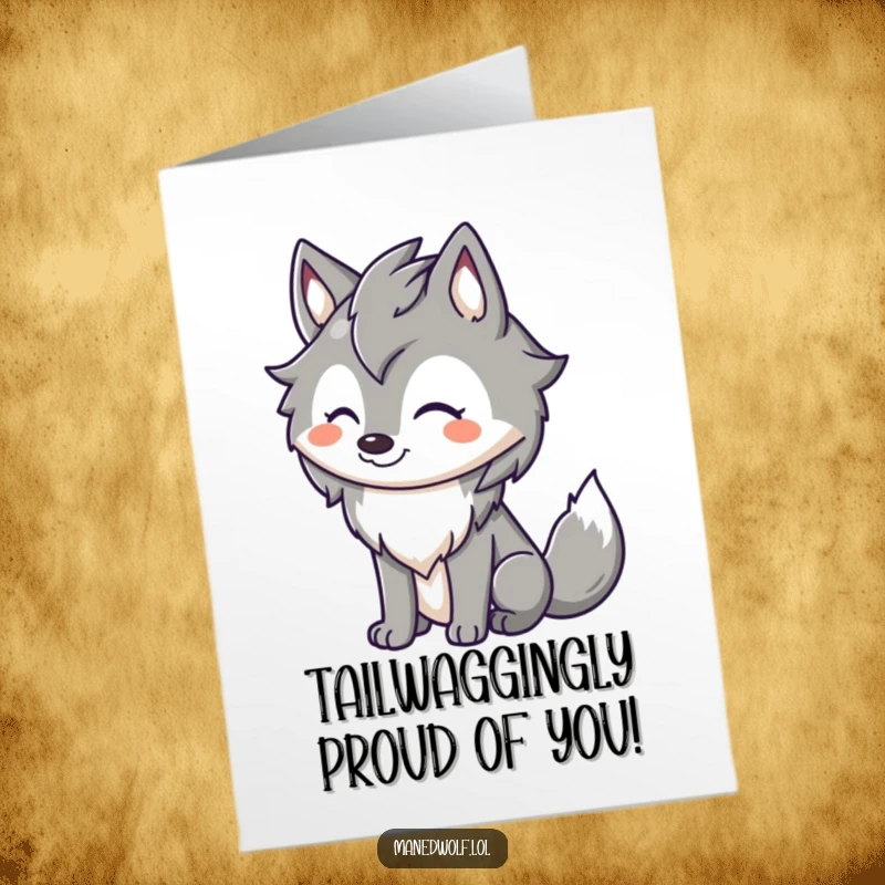 Funny Free Printable Congratulations Card showing a cute maned wolf with a happy grin and wagging tail.