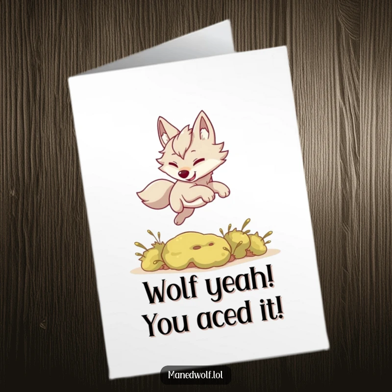 Funny Free Printable Congrats Card: Kawaii maned wolf mid-leap over a small bush, celebrating success, great DIY gift.