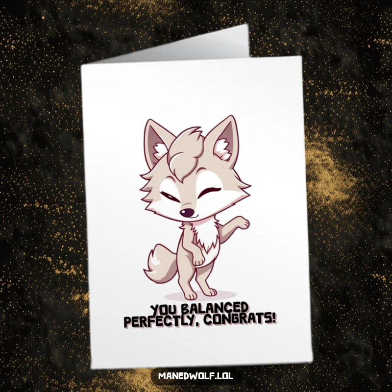 Funny Free Printable Congratulations Card featuring a maned wolf winking playfully while balancing.