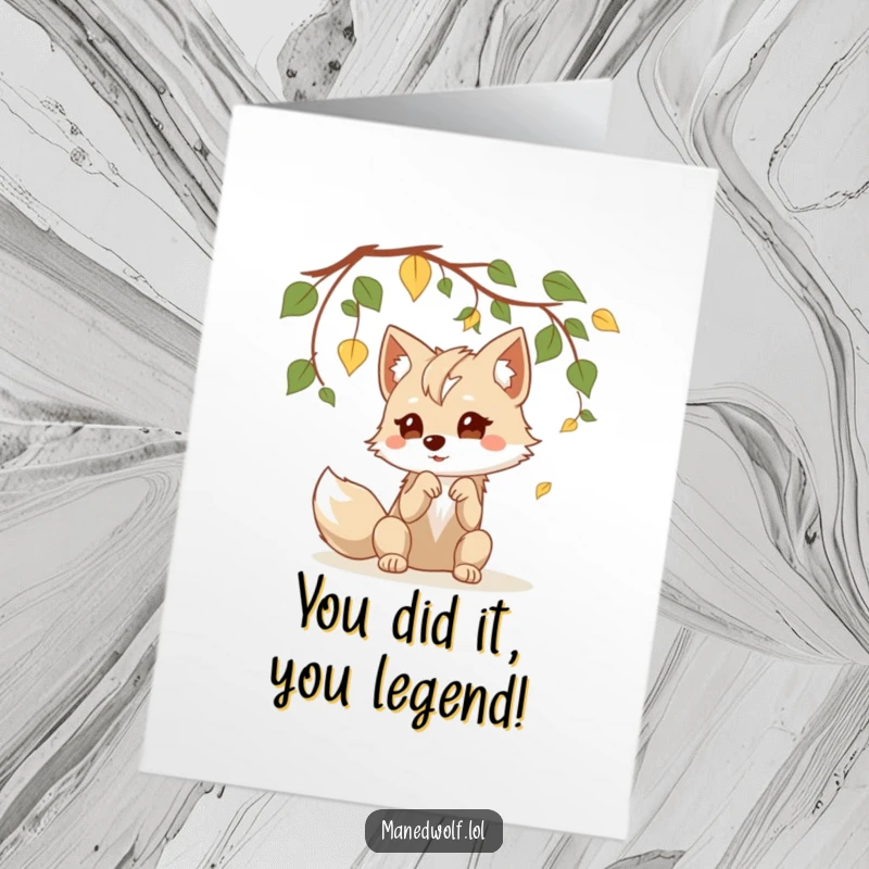 Funny Free Printable Kawaii Maned Wolf Congratulations Card: A playful wolf bats at leaves, celebrating their fantastic achievements with glee.