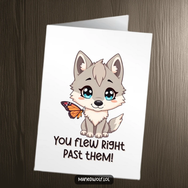 Funny Free Printable Congratulations Card: A maned wolf looking playfully shocked as a small butterfly flutters right in front of its face.