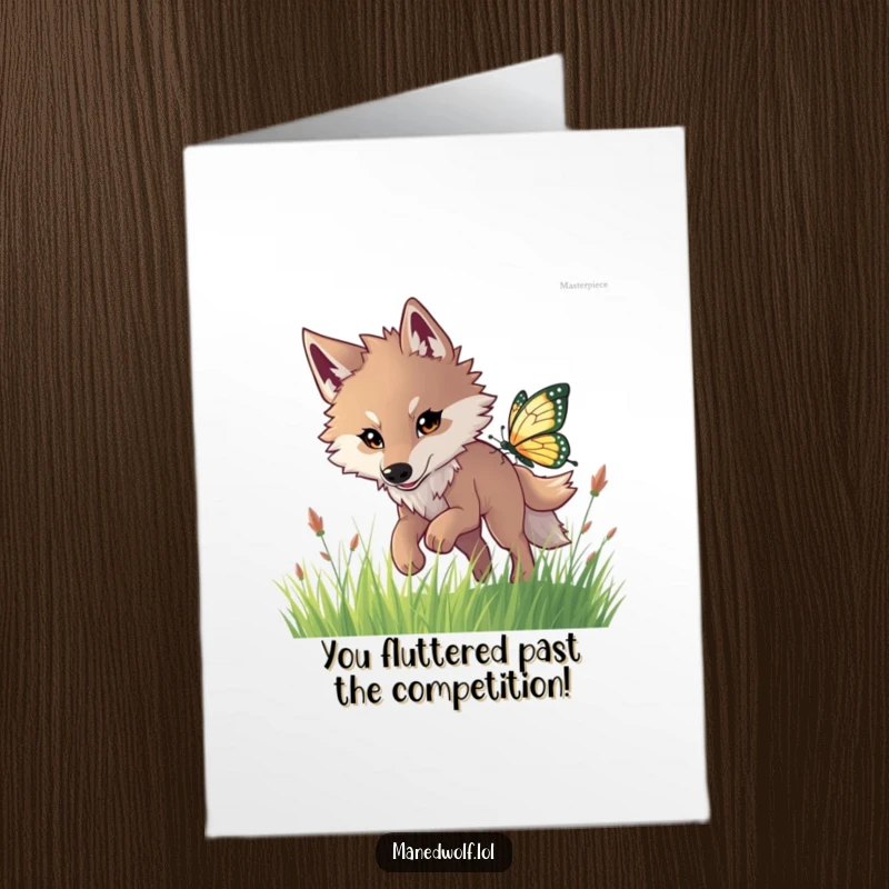 Free Printable Congratulations Card: Maned wolf energetically chasing a sparkly butterfly in grass, a joyful and funny downloadable card.