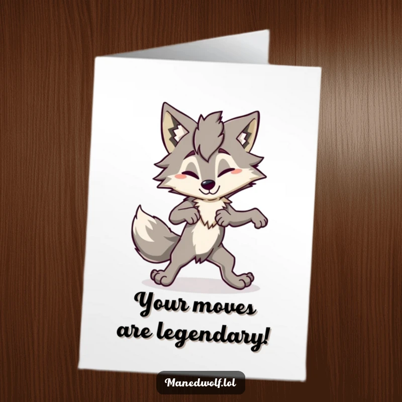 Funny Free Printable Congratulations Card: Maned wolf attempting a very awkward dance move, celebrating a fun victory.