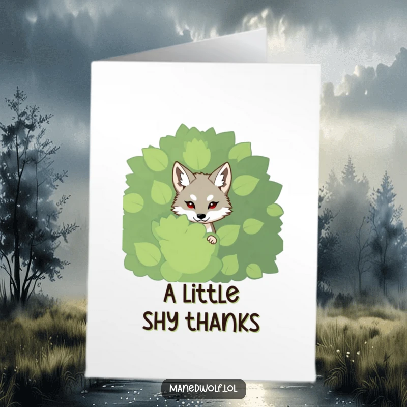 Funny Free Printable Thank You Card: A shy maned wolf peeking from a bush, offering a thankful glance.