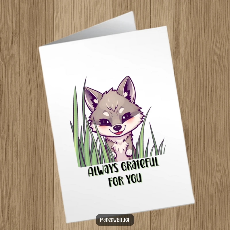 Free Printable thank you card: a smiling maned wolf peeking from tall grass, a downloadable expression of thanks.