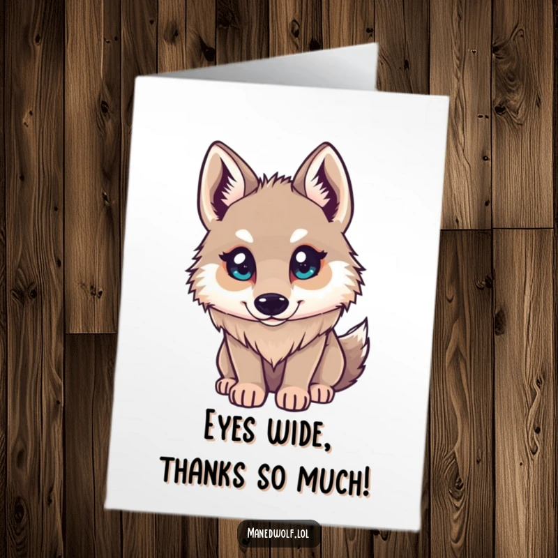 Funny Free Printable Thank You Card of a small maned wolf looking up with bright, curious eyes, conveying a sense of wonder and appreciation.