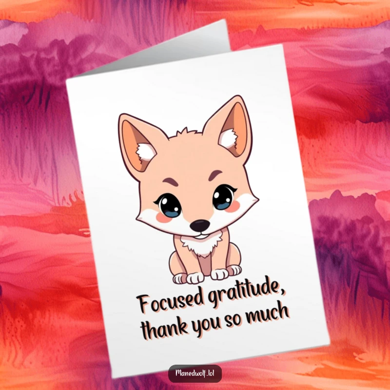Funny Free Printable Kawaii Maned Wolf Thank You Card: A wolf looks intently off-screen, curious and grateful for your kindness.
