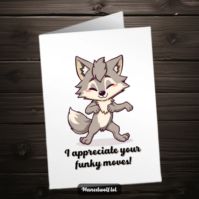 Funny Free Printable Thank You Card: Maned wolf doing a comically awkward dance, expressing thanks with humor.