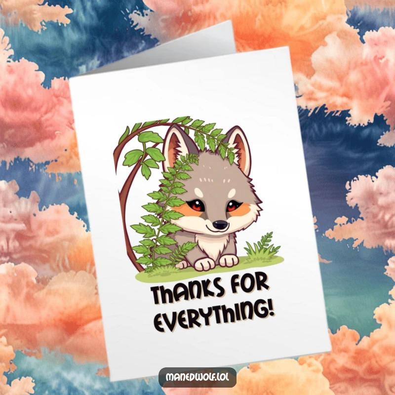 Funny Free Printable Thank You Card: Chubby maned wolf with a curious look peeking from under a green fern, offering thanks.