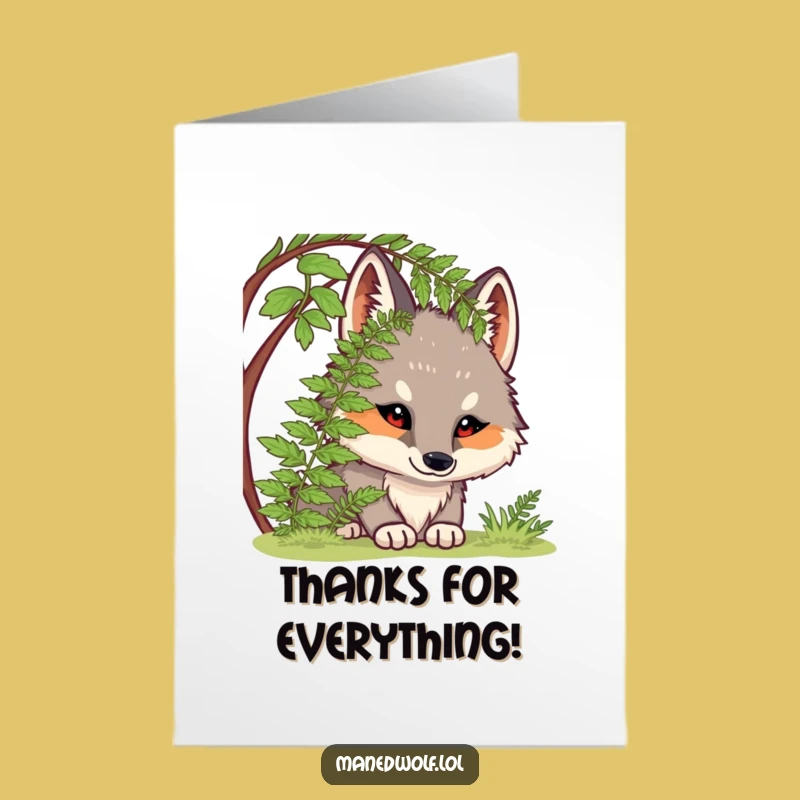 Free Printable Thank You Card: Chubby Maned Wolf Peeking Funny Downloadable