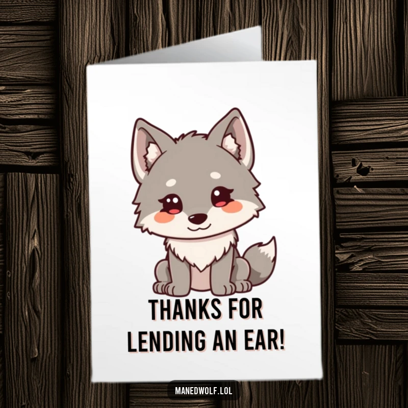 Funny Free Printable Thank You Card: Kawaii maned wolf with ears perked, curiously looking, ready to receive thanks.