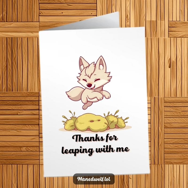 Funny Free Printable Thank You Card: Kawaii maned wolf playfully leaping over a small bush, expressing thanks, ideal downloadable art.