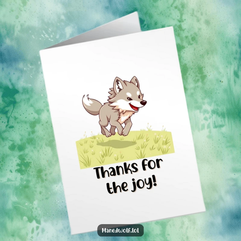 Free Printable Thank You Card: A happy maned wolf joyfully bounding across a vast, green open field.