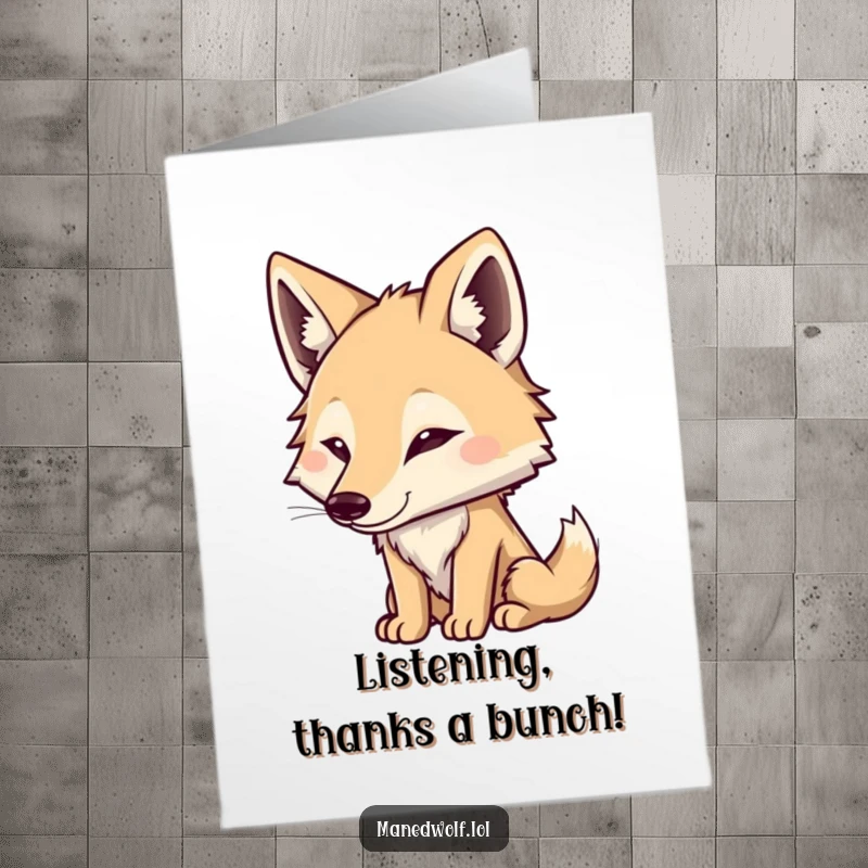 Funny Free Printable Thank You Card of a cute maned wolf with ears perked, humorously listening and acknowledging thanks with a sweet demeanor.