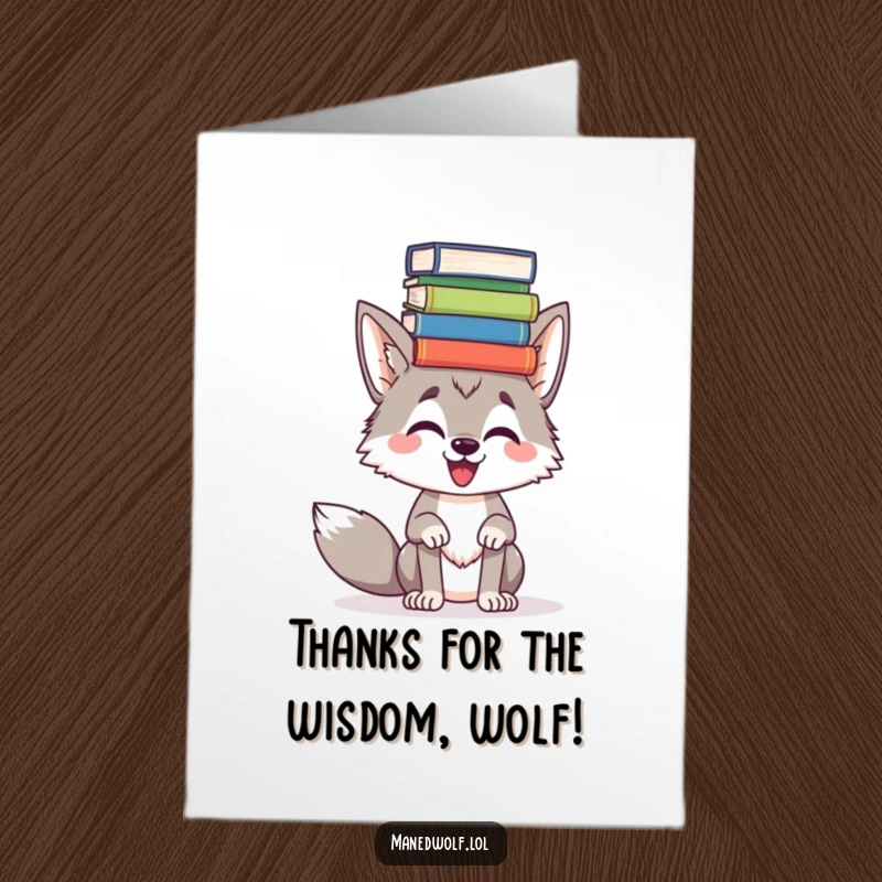 Funny Free Printable Thank You Card: A maned wolf precariously balancing a stack of books, expressing thanks with a comical pose.