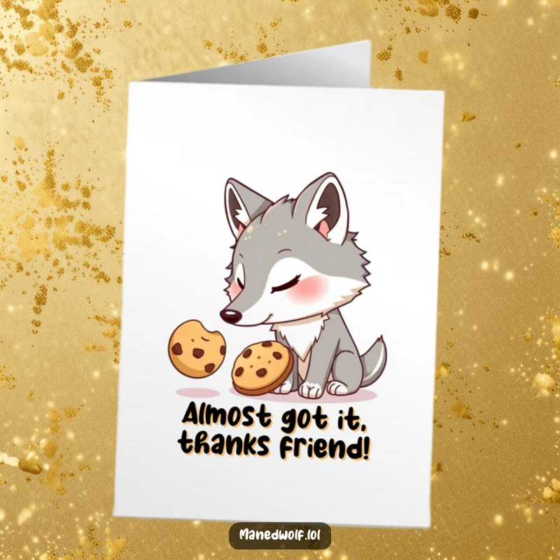 Funny Free Printable Thank You Card: Maned wolf happily munching a cookie, conveying thanks with a goofy, cookie-covered grin.
