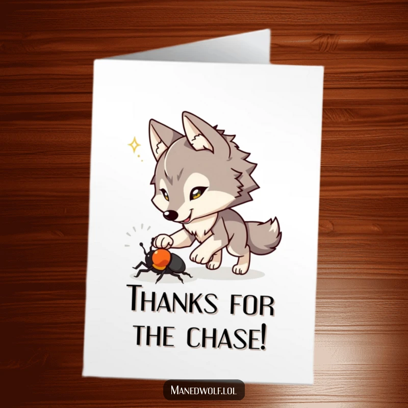 Funny Free Printable Thank You Card: Maned wolf with a playful spark in its eyes, enthusiastically chasing a beetle across the ground.