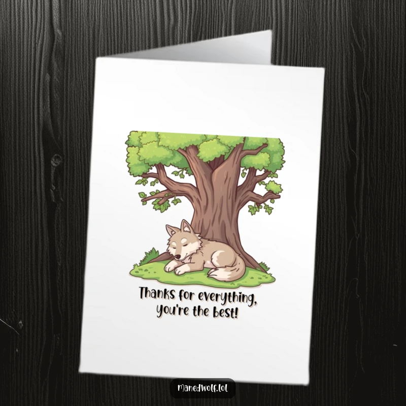 Funny Free Printable Thank You Card: Maned wolf resting contentedly under a tree, offering a peaceful thank you.