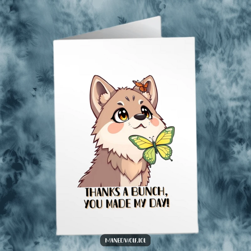 Funny Free Printable Thank You Card: Maned wolf looking utterly surprised by a butterfly, expressing thanks humorously.