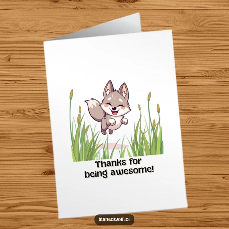 Funny Free Printable Thank You Card: A happy maned wolf leaping through grass, ears perked, expressing heartfelt thanks.