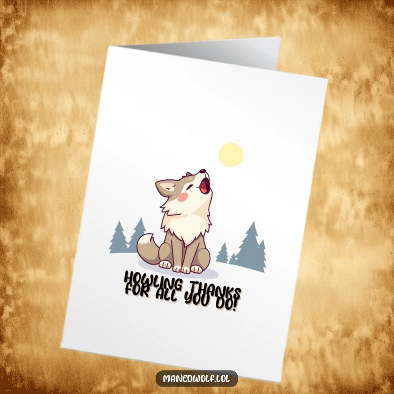 Funny Free Printable Thank You Card: Kawaii maned wolf howling a happy song under the moon, a downloadable gift.
