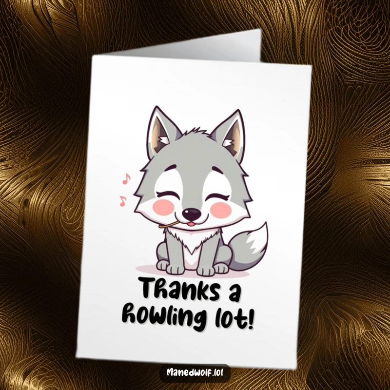 Funny Free Printable thank you card showing a maned wolf's puffed cheeks, comically attempting to whistle a tune of gratitude.