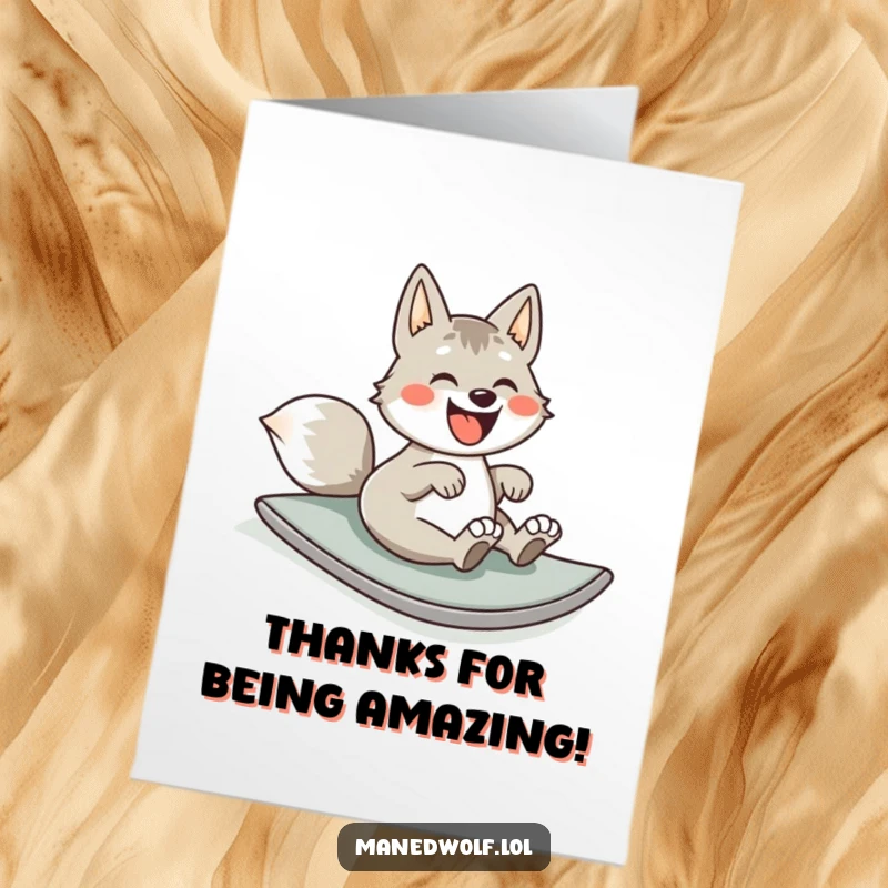 Funny Free Printable Thank You Card: Maned wolf joyfully rolling down a grassy slope, conveying sincere thanks with a smile.