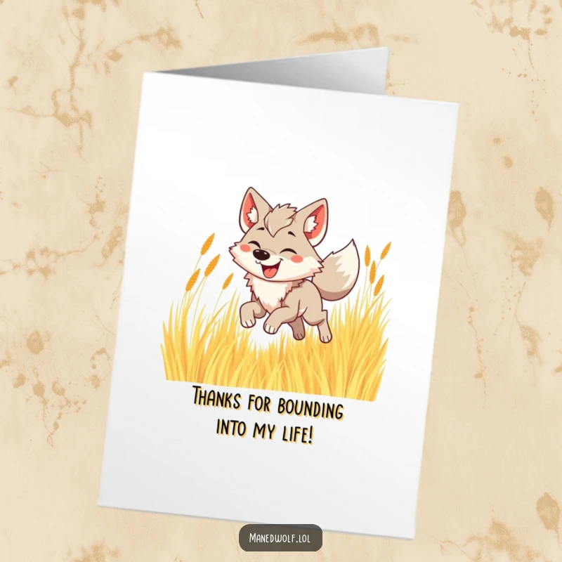 Funny Free Printable Thank You Card: Joyful maned wolf bounding through golden grass with a wide smile, radiating thanks.