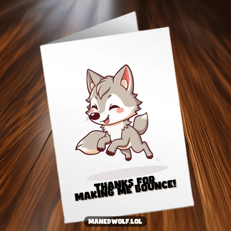 Funny Free Printable Kawaii Maned Wolf Thank You Card: A wolf does a happy, bouncy trot, conveying thanks with infectious enthusiasm.