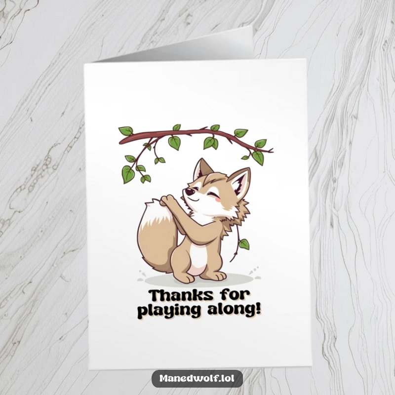 Funny Free Printable Thank You Card: Playful maned wolf batting at a dangling vine, a downloadable gift.