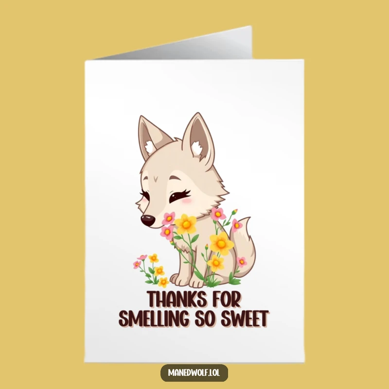 Free Printable Thank You Card: Maned Wolf Sniffing Flowers - Grateful Downloadable Gift!