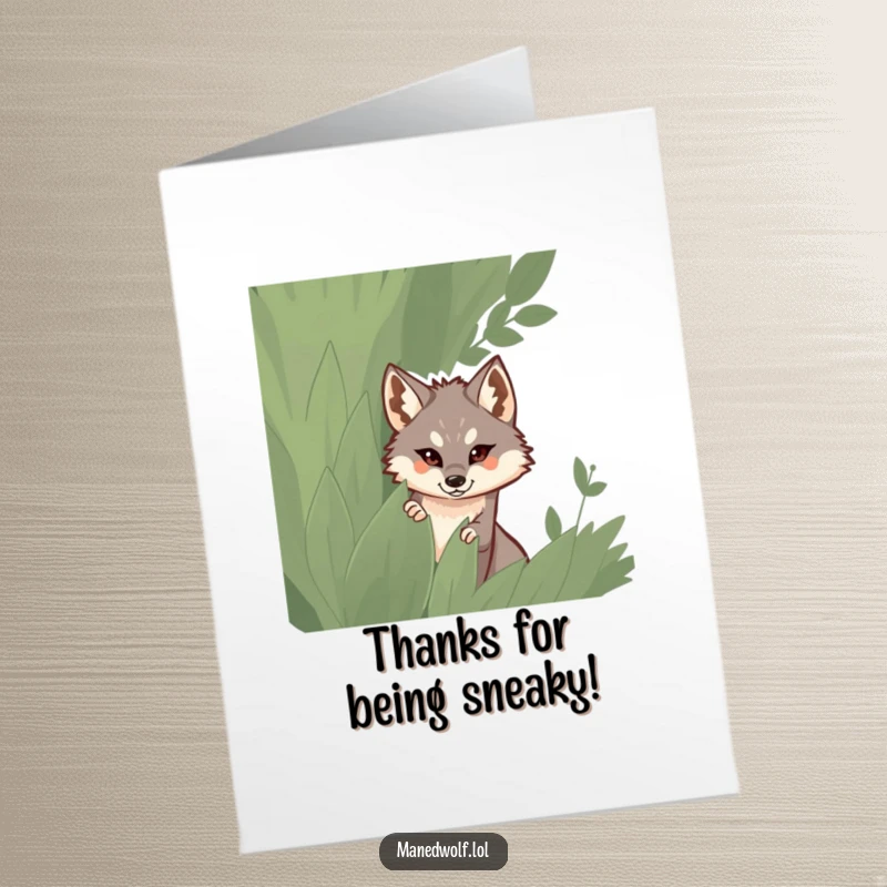 Funny Free Printable Thank You Card with a maned wolf peeking coyly from behind dense foliage, sending a hidden message of thanks.