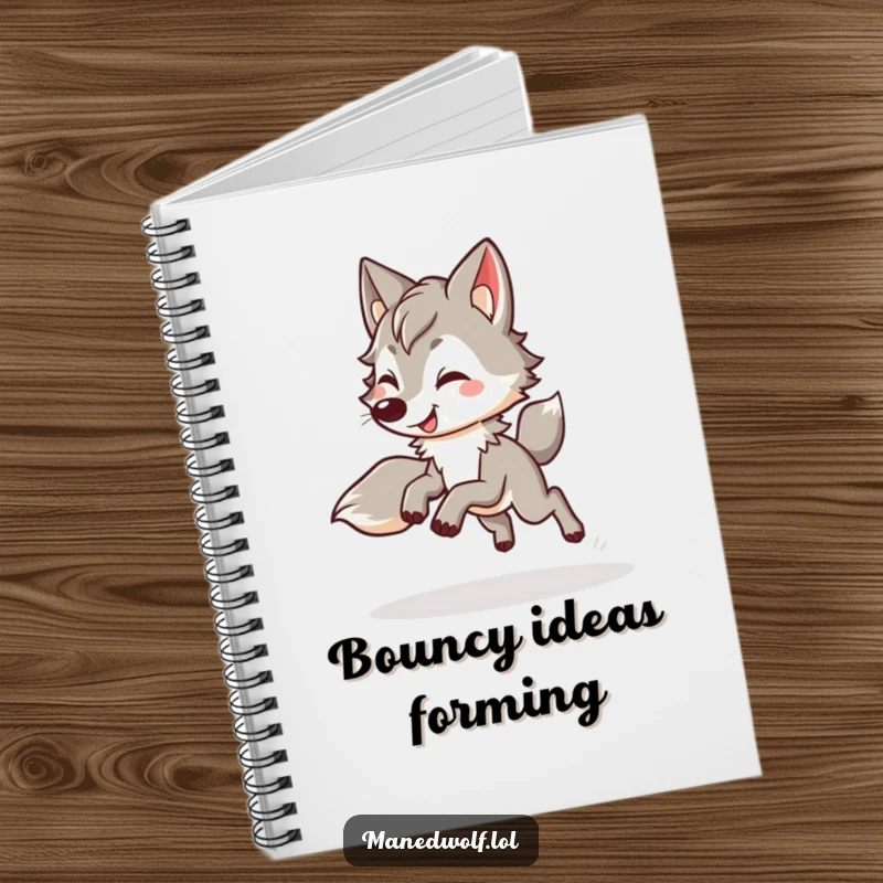 Funny kawaii maned wolf notebook featuring a cute wolf doing a happy, bouncy trot, ideal for notes and journaling with joy.