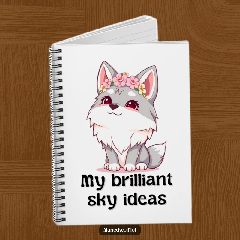 Funny notebook with a giggling maned wolf sporting a tiny flower crown, looking up as if inspired.