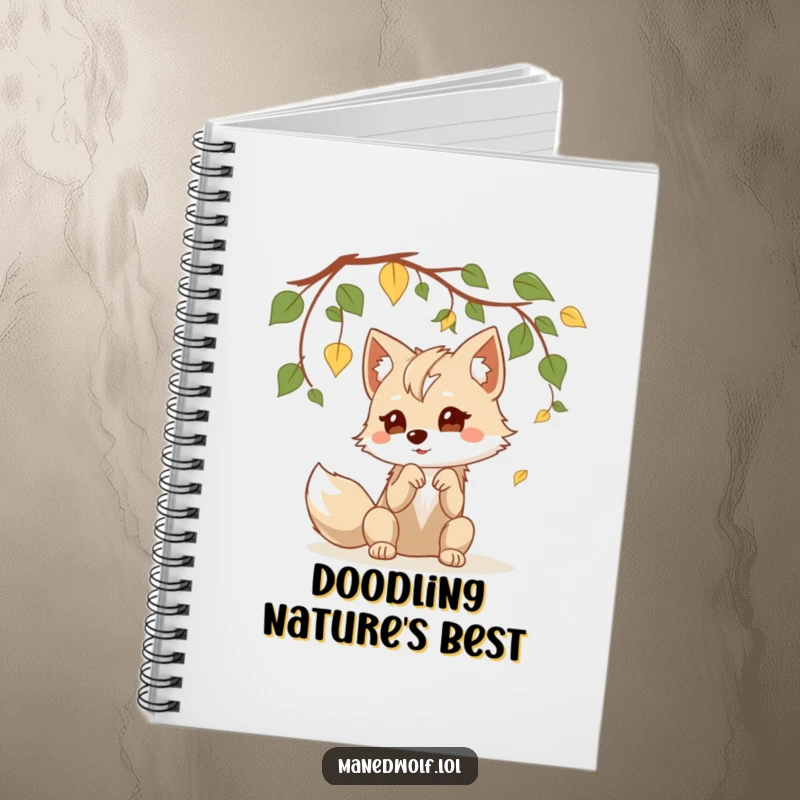 Funny kawaii maned wolf notebook featuring a cute wolf playfully batting at leaves, ideal for notes and journaling with humor.