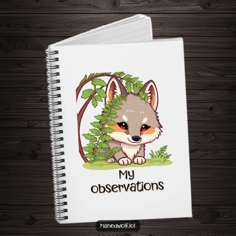 Funny notebook cover with a chubby maned wolf curiously peeking from under a fern, inspiring thoughtful and humorous notes.