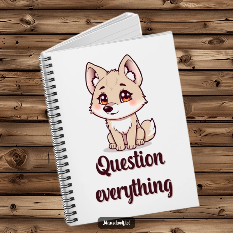 Funny maned wolf notebook featuring a curious maned wolf with fluffy ears tilting its head.