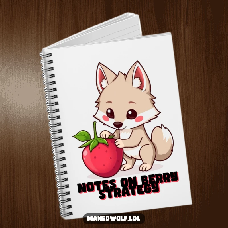Funny Kawaii Maned Wolf Notebook featuring a cute wolf trying to balance a large berry, ideal for journaling with a humorous theme.
