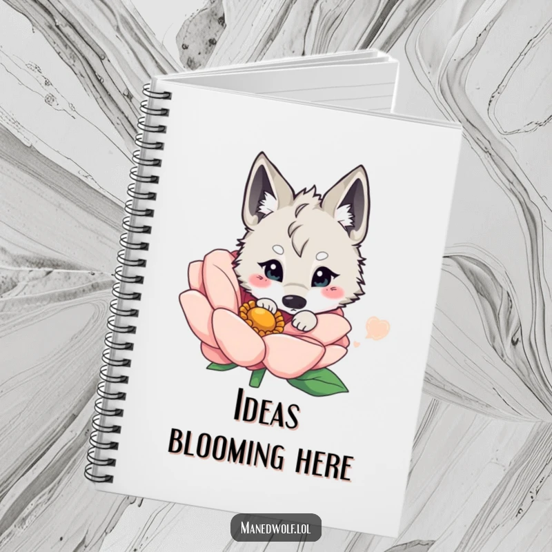 Funny kawaii maned wolf peeking from behind a large flower on a notebook cover, perfect for jotting down notes in cute style.