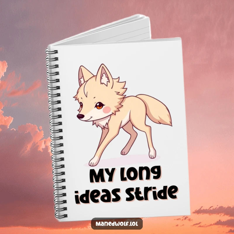 Funny Kawaii maned wolf notebook with long legs striding elegantly, perfect for jotting down notes with a humorous and stylish flair.