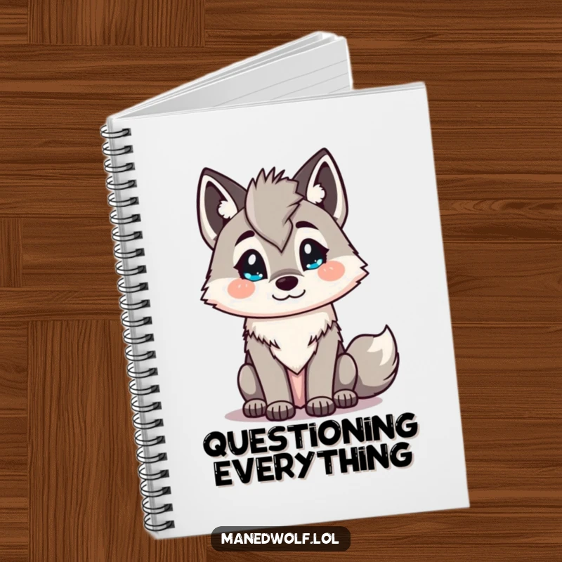 Funny Kawaii maned wolf notebook with an inquisitive head tilt, ideal for jotting down ideas with a whimsical and curious perspective.